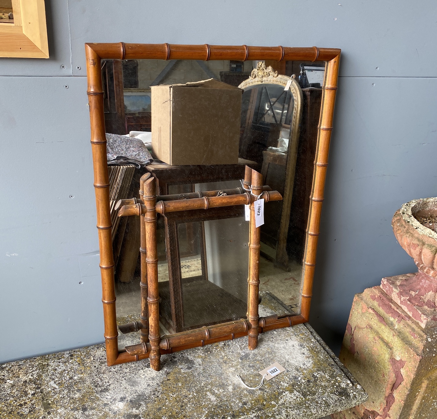 Two late 19th century faux bamboo rectangular wall mirrors, larger width 61cm, height 80cm